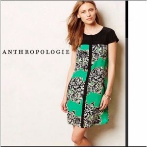 Anthropologie | Maeve | 100% silk | cap sleeve |green black white | mini | dress